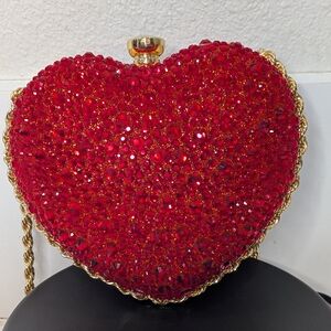Women's Red Crystal Heart Evening Bag Sparkly Rhinestone Clutch with Gold Chain